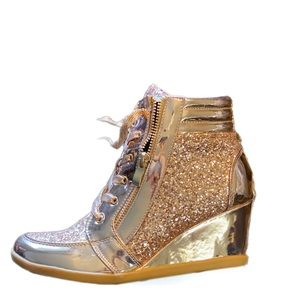 Never Been Worn Women’s Fashion Gold Glitter High Top Wedge Sneaker Shoes